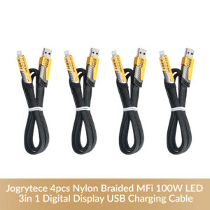 Jogrytece 4pcs Nylon Braided MFi 100W LED 3-in-1 Digital Display USB Charging Cable